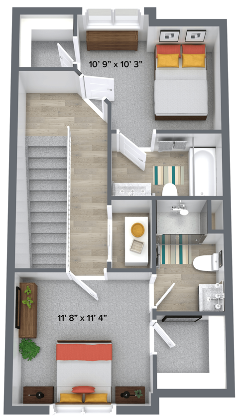 Floor plan for 2 beds, 2.5 baths, 1182 sqft